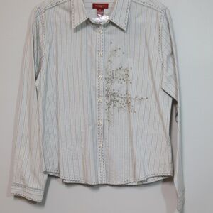 Sundance Women's Button Up Down Blue White and Brown Stripe Sz 12 100% Cotton